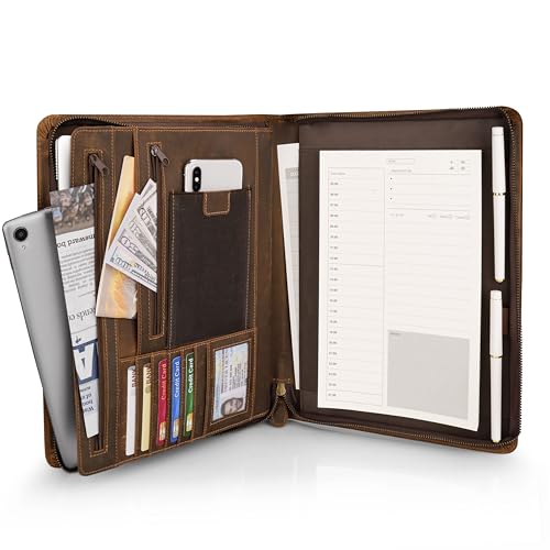 Jowlroel Full Grain Leather Portfolio A4 Premium Conference Folder with Zipper Multi-Function Business Organizer & Padfolio for Men and Women Professional Executive Gift - Brown