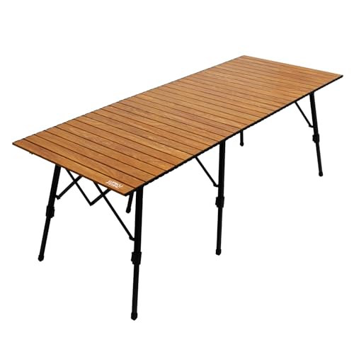 waku fimac アウトドアテーブル 180×70cm キャンプテーブル 折りたたみ ロールテーブル アルミ 軽量 高さ調整43-63cm 木目調 大型 収納バッグ付 バーベキュー BBQ レジャーテーブル ファミリーキャンプ ピクニック 屋外 キャンプ用品 8人用テーブル