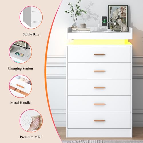Image of jiteentarou 5 Drawer Dresser with Charging Station and LED Lights, Modern Chest of Drawers with Power Outlet, Organizer Cabinet for Bedroom, Living Room, Entryway, White