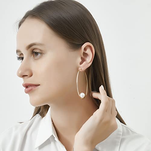 Huongwin Hoop Earrings For Woman 14K Gold Girls Fashion Pearl Chunky Statement Thick Dangle Jewelry Gifts Gold 50Mm #TOP5