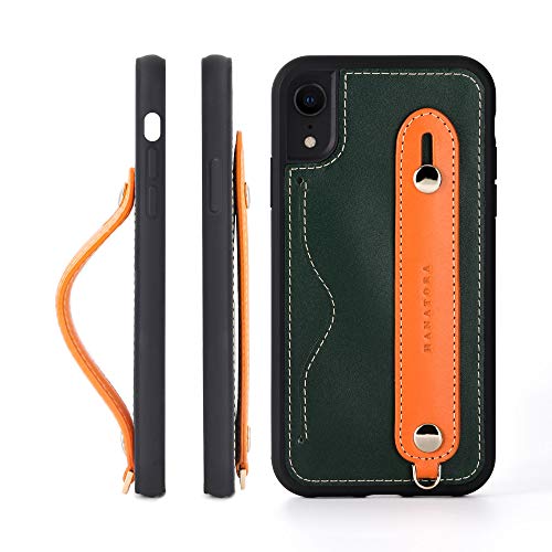 HANATORA iPhone XR グリップケース レザー 本革 ストラップ付属 イタリア製牛革 ヌメ革 片手操作 カード収納 スタンド機能 メンズ レディース グリーン/オレンジ CGH-XR-Green-OG