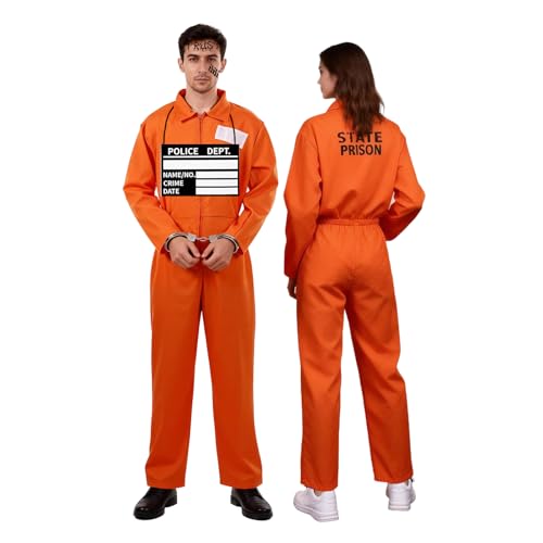 GlamRove Gefängnis Kostüm Männer Orange Sträfling Overall mit 4-teiligem Zubehör Häftling Kostüm Herren mit Namensschild und Handschellen Karneval Verkleidung (XL für Körpergrößen 175185 cm)