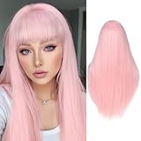 FANCEE Pastel Pink Wig with Bangs Long Straight Wig with Blunt Bangs for Women 26 Inch Synthetic Sakura Pink Wig with Layered Ends for Cosplay Halloween Party Daily Use