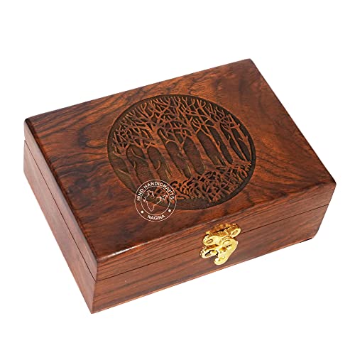 Image of Rosewood Handmade Wooden Tree of Life Engraved Jewellery Box - Handcarved Keepsake Urn for Women & Men | Antique Finish Decorative Storage Organizer | Wooden Gift Box (7 inchx5.5 inchx3.5 inch, 60 Cubic In)