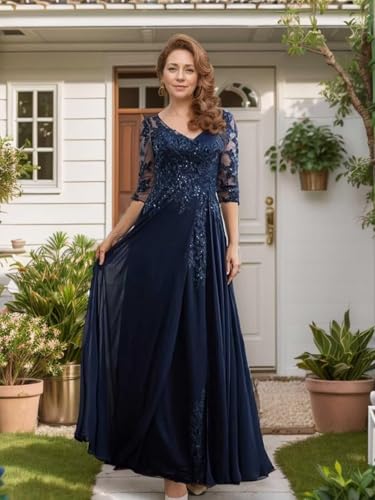 Lace Chiffon Mother of The Bride Dress Sequin 3/4 Sleeve Formal Evening Dress4
