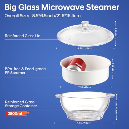 EliteVibe Glass Microwave Steamer for Vegetables Fish Food Cooker Microwave Vegetable Steamer With Lid and Steaming Basket for Convenient Quick Healthy Cooking (2.5L) - Image 2