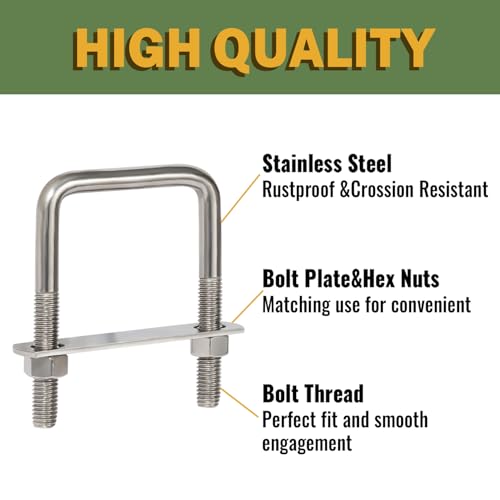 Image of LIONMAX U Bolts 3 Inch Wide, 5 Pack, 1 /2 inch D x 3-1 /16 inch W x 4-5 /16 inch L, M12 | Stainless Steel Square U Clamp, Corrosion Resistant, with Plates, Washers, Nuts, Heavy Duty for Trailer, Boats, Tube, 3 inch Wide