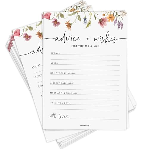 Advice and Wishes for the Mr and Mrs, Floral Wedding Advice Cards, Wildflower Bridal Shower Games for Bride, 50 Pack
