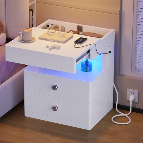 AOGLLATI Nachttisch mit Geheimfach,Nachtschrank mit Steckdose und LED-Beleuchtung Beistelltisch mit 2 Schubladen,1 Ausziehrega,1 Fach,Hochglanzoberfläch (1, Weiß, 40x35x59cm)