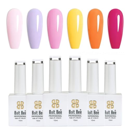 Image of Bolt Bee Gel Polish Kit, 6 Colors Light Soft Sakura White Nude Spring Soak off Nail Art Design Manicure Kit at Home (P+L+P+Y+O+M)