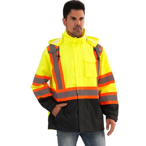 Image of Reflective Rain jackets for men waterproof,Hi Vis Safety Coat With Reflective Strips,High Visibility Class 3 Rain jackets With 2 large pockets,Zipper,Lime,2XL /3XL