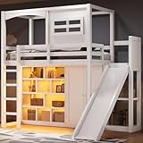 CKLMMC Wood Twin Size House Loft Bed with Wardrobe, Storage Shelves, Slide and LED, Fun Playhouse Design for Kids Boys & Girls