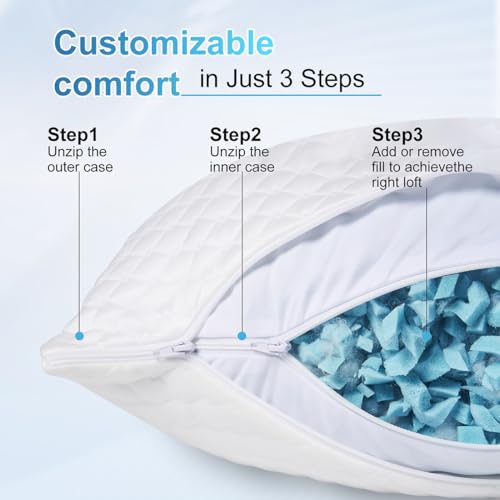 NTCOCO Shredded Memory Foam Bed Pillows for Sleeping Standard Size Set of 2,Cooling Pillows, with Washable Removable Hypoallergenic Sleep Pillow for Back and Side Sleepe - image 4