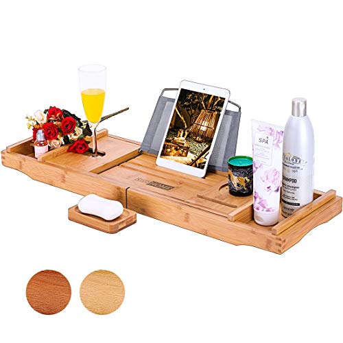 VIVOHOME Expandable 43 Inch Bamboo Bathtub Caddy Tray with Smartphone Tablet Book Holders, Soap Tray, Wine Glass Slot, Natural