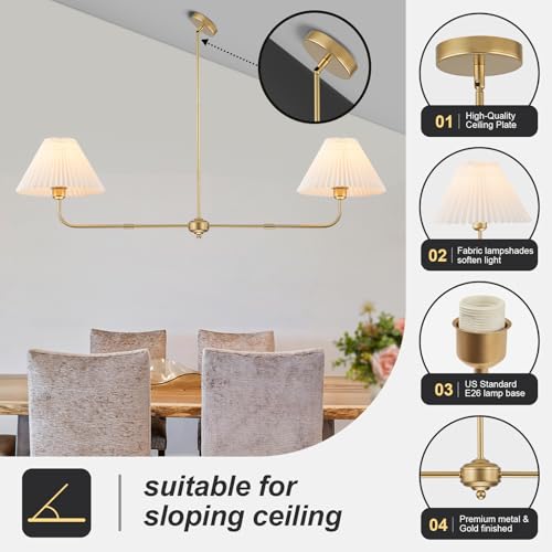 Fiyueoyi YUXDD2T Gold Linear Chandelier, 2-Light Modern Chandelier For Dining Room Light Fixture, Dining Light Fixtures With White Fabric Shade Pendant Lights Kitchen Island thumb #1