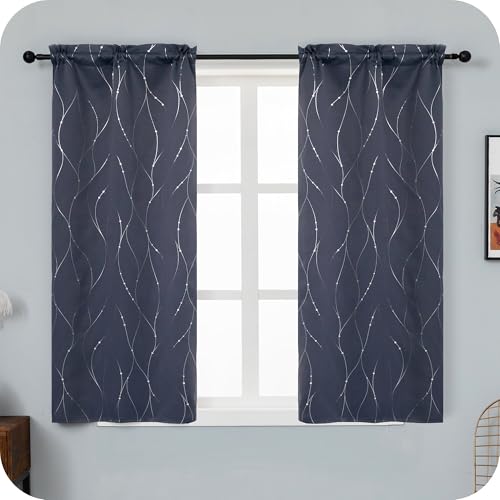 GIRASOLE HOME® Paire de rideaux occultants thermiques doux motif tressé argenté pour salon, chambre et intérieur, 2 panneaux avec poche (70 x 145 cm, gris)