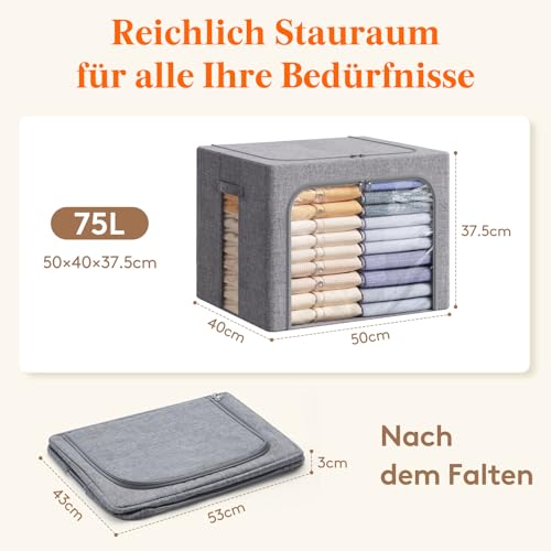 Lifewit 75L Aufbewahrungsbox mit Deckel, Kleidung Aufbewahrung, Faltbare Kleideraufbewahrung mit Metallrahmen, Stoffbox mit Griffen & Fenster, Aufbewahrung Kleiderschrank, 4er Set, Hellgrau