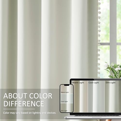 Image of Ivory Full Blackout Curtains for Living Room Bedroom 95 inch Energy Saving Window Curtains Ivory / Beige Pom Pom Thermal Insulated Curtain Panels for Baby Nursery Girl's Room 52 inchW Rod Pocket 1 Pair