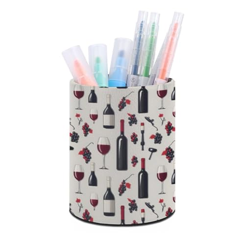 Porte-stylos de bureau en cuir pour bureau – Petit pot à crayons décoratif moderne avec imprimé bouteille de vin pour salle de classe, organisateur de stylos, gobelets à crayons pour accessoires de