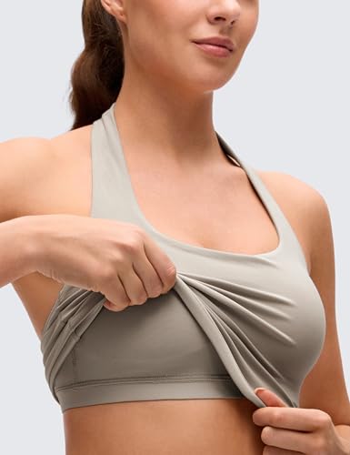 Image of CRZ YOGA Butterluxe Halter Crop Tank Tops | Light Support, Removable Pads, Yoga, Extremely Soft, Open Back, Longline Sports Bras for Women