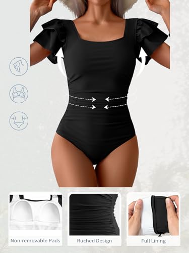 Image of Eomenie Women's Tummy Control One Piece Swimsuit Ruffle Square Neck Bathing Suit Ruched Cutout Back Slimming Swimwear