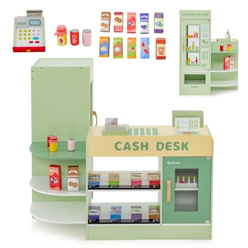 HOMASIS Tienda Infantil de comestibles, Tienda de Madera con mostrador Lateral, Juego de supermercado con Caja registradora, TPV, Máquina expendedora, para niños de 3 a 8 años (Verde, 89x57x80 cm)