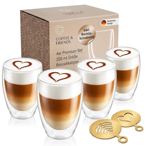 COFFEE & FRIENDS Latte Macchiato Gläser 350 ml 4er Set doppelwandige Gläser