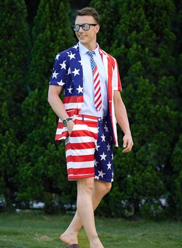 Mens Memorial Day Novelty Suit Stripes Stars Blazer Fourth of July Independence Day Pant Suit M4
