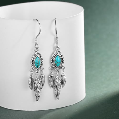 Genuine Turquoise Feather Earrings 925 Sterling Silver Western Earrings Vintage Nature Gemstone Real Turquoise Jewelry for Women3