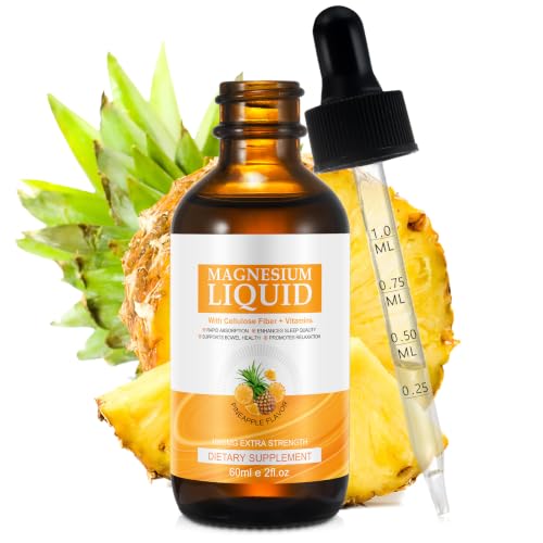 Magnesium Glycinate Liquid Drops Liquid Magnesium Complex with Glycinate Taurate Cellulose Fiber Bromelain Vitamin B6 C D and Zinc Pineapple Flavor 2 Fl Oz