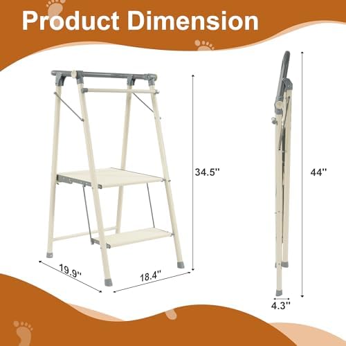 Elevon Step Stool, Metal Two Step Ladder Step Stool with Wide Pedal for Kitchen Counter Bathroom Sink, Grayish White