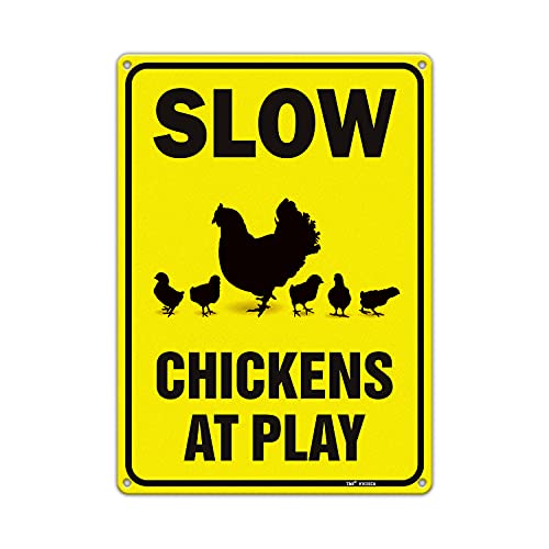 Slow Sign Chickens at Play - 10 x 14 In Reflective Aluminum Metal Sign, Funny Yard Decor - Weather Fade UV Corrosion Resistant