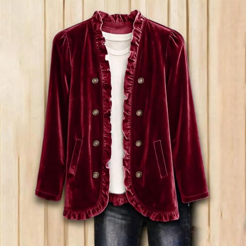 Velvet Jacket Women Velour Button Front Jackets Ruffle Trim Velvet Blazer - image 2