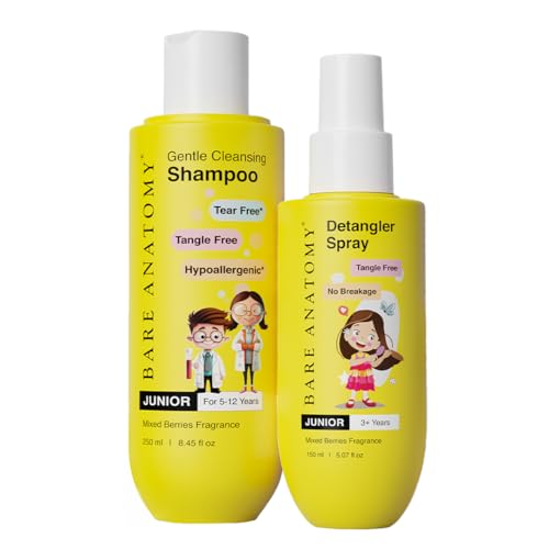 Image of Bare Anatomy Junior Gentle Cleansing Shampoo For Kids | Tear-Free | Helps To Control Dandruff For 5-12 Years 250ml + Junior Detangler Hair Spray | For 3+ Year Old Kids | Strengthens & Detangles 150mL