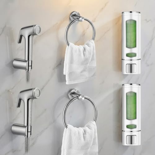 Image of ABS Health Faucet Chrome Finish Toilet Jet Spray Gun with 1m Hose & Wall Hook Leak Proof for Bathroom Hygiene | Includes 400ml Wall Mounted ABS Liquid Soap Dispenser for Bathroom & Kitchen (2 Set)