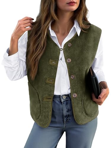 Tanakneo Womens Fuzzy Fleece Vest Sleeveless Button Down Fall Sherpa Jacket Winter Warm Old Money Outerwear with Pockets