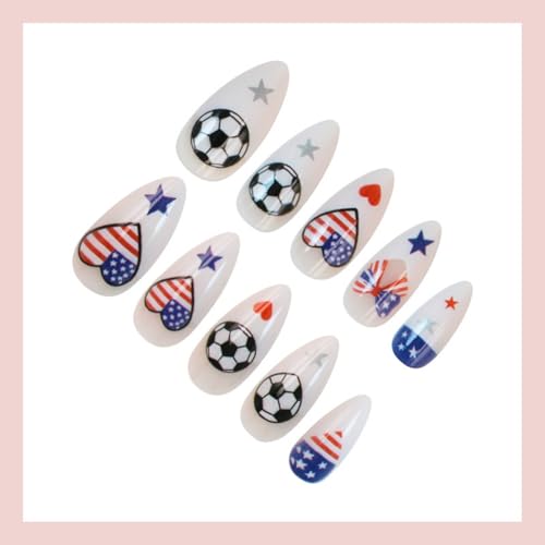 Image of Soccer Flag Press on Nails Medium Almond Fake Nails with Patriotic Football Design Reusable Glossy Full Cover World Cup Stick on Nail for Women Manicure 24Pcs