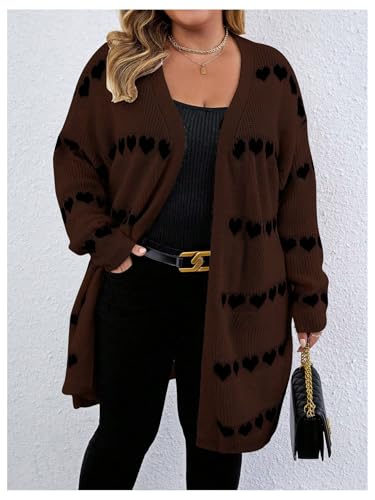 Image of MakeMeChic Women's Plus Size Long Cadigan Sweaters Casual Open Front Kint Lightweight Cadigan Heart Long Sleeve Outerwear