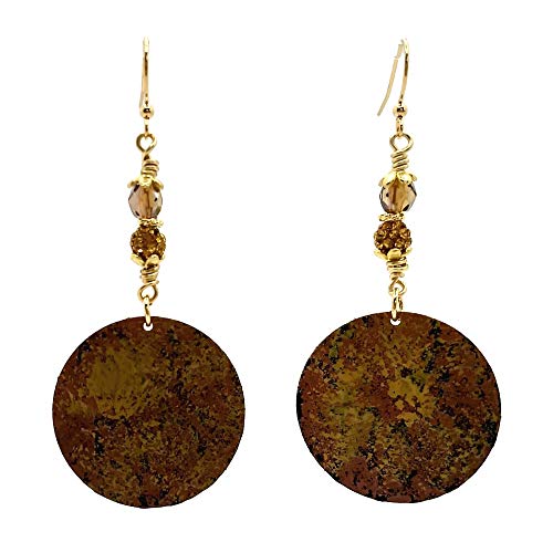 Reddish Brown, Black & Mustard Yellow Earrings, Gold Plated Brass, Nickel Free, Round #TOP1