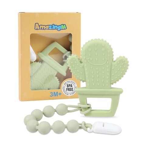 Image of Baby Food Grade Silicone Teether Toy with One Piece Design Pacifier Clip Holder,Teething Pain Relief Toys Gift Set for 3 Months+ Boys and Girls,Freezer Safe,BPA Free. (Cacuts)