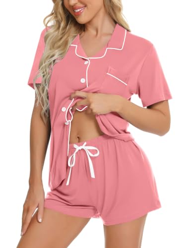 Image of SWOMOG Womens Button Down Pajamas Set Short Sleeve Sleepwear Bride Soft Pj Lounge Sets XS-3XL