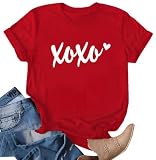 XOXO Shirts for Women Vintage Love Heart Graphic Print Valentine's Clothes Summer Casual Short Sleeve Street Style Tee Tops(Red S)