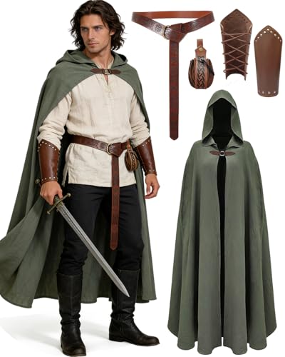 kasahara Mens Renaissance Medieval Costume Hooded Cloak Cape with Belt Coin Pouch Leather Bracers Halloween Costume Green