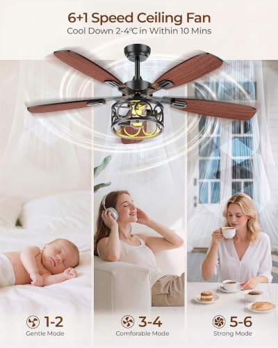 Image of Ceiling Fans with Lights and Remote, 42'' Vintage Caged Ceiling Fan with Light, 5 Blades, 6+1 Speed, Flush Mount Ceiling Fan Whisper-quiet for Farmhouse, Living Room, Kitchen and Porch (42 Inch)