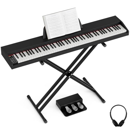 UMOMO U-723 88 Key Digital Piano Keyboard with Piano X Stand, Full Size Electric Piano with Headphone, 3 Pedal, Electronic Piano for Beginner, Adults, Black
