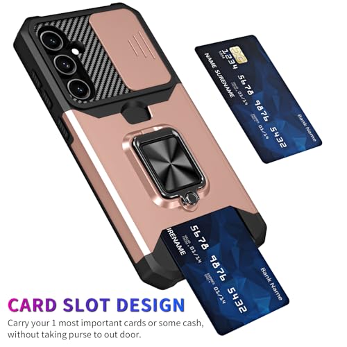Image of LuxuryKase Shockproof Armor Case for Samsung Galaxy S26 | Slide Camera Cover | Hidden Card Slot | Rotating Ring Kickstand | Magnetic Car Mount Support | Military Grade Protection - Rose Gold