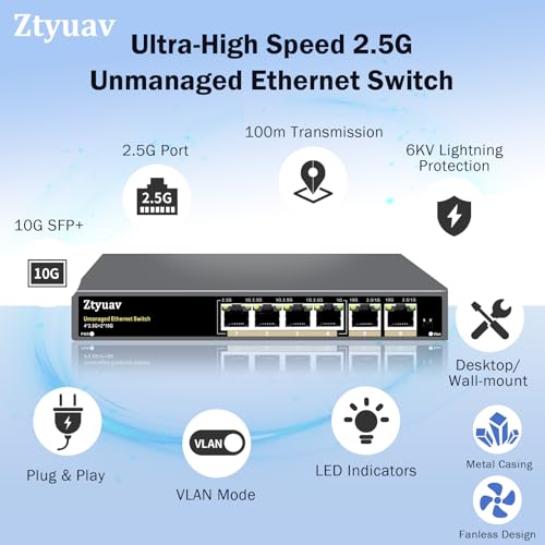 Image of 6 Port Unmanaged 2.5G Ethernet Switch with 4 x 2.5G RJ-45 Ports, 2 x 10G Uplink Ports, Ports Speed Auto-Negotiation-100 /1000 /2500Mbps, One-Key VLAN, Fanless Metal Design, Plug & Play