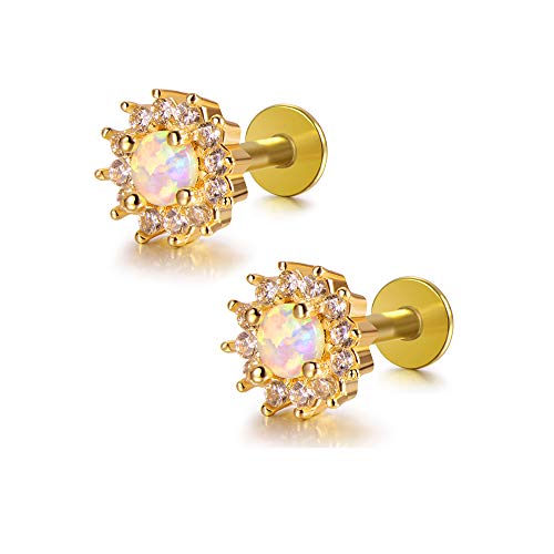 Gabry&jwl 2Pcs Stud Earrings18G 316L Surgical Steel Labret Studs Tiny CZ Opal Flower Earring Studs Medusa Monroe Piercing Helix Cartilage Conch Tragus Lobes Studs for Women Girls (Gold+White Opal)