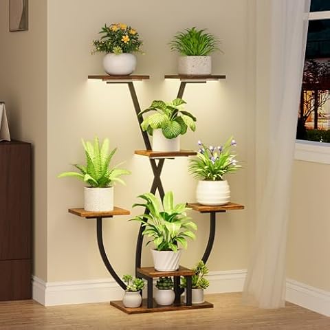 POZILAN Plant Stand Indoor with Grow Light - 7 Tiered Corner Plant Stand for Multiple Plants, Metal Plant Shelf Indoor Display Rack Holder, Flower Stand for Indoor Plants, Balcony, Living Room, Patio Cover