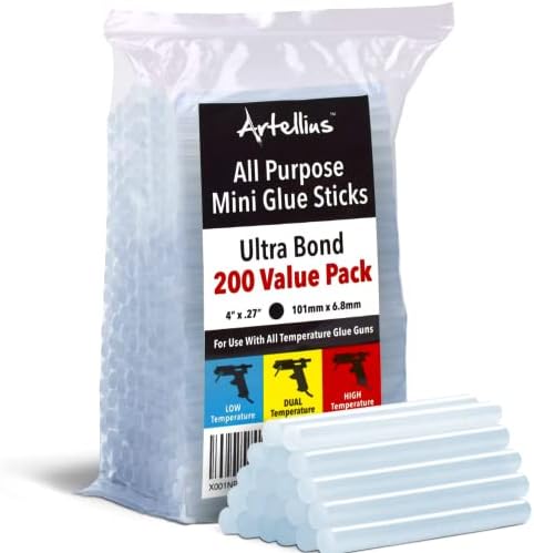 Artellius Mini Hot Glue Gun Sticks (Huge Bulk Pack of 200) 4" and 0.27 Diameter - Compatible with Most Glue Guns